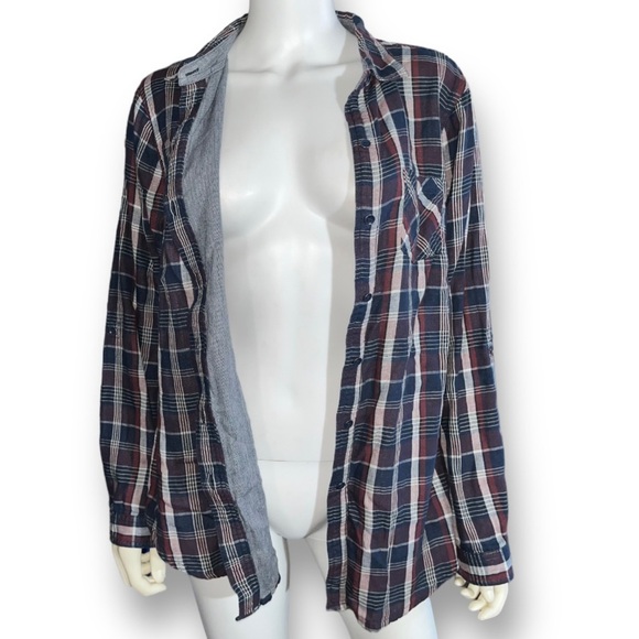 SANDRA Ingrish Red Maroon White Blue Chambray Trim Plaid Flannel Shirt Top XL - Picture 2 of 9